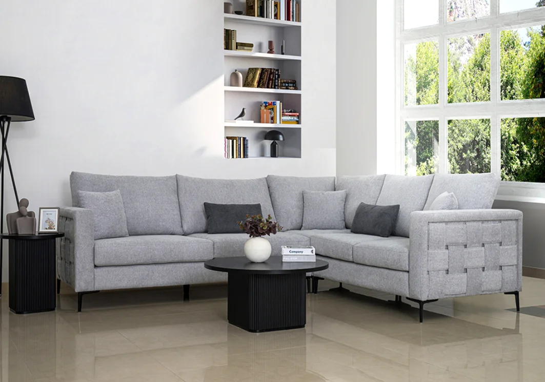 Modern gray fabric sofa in living room