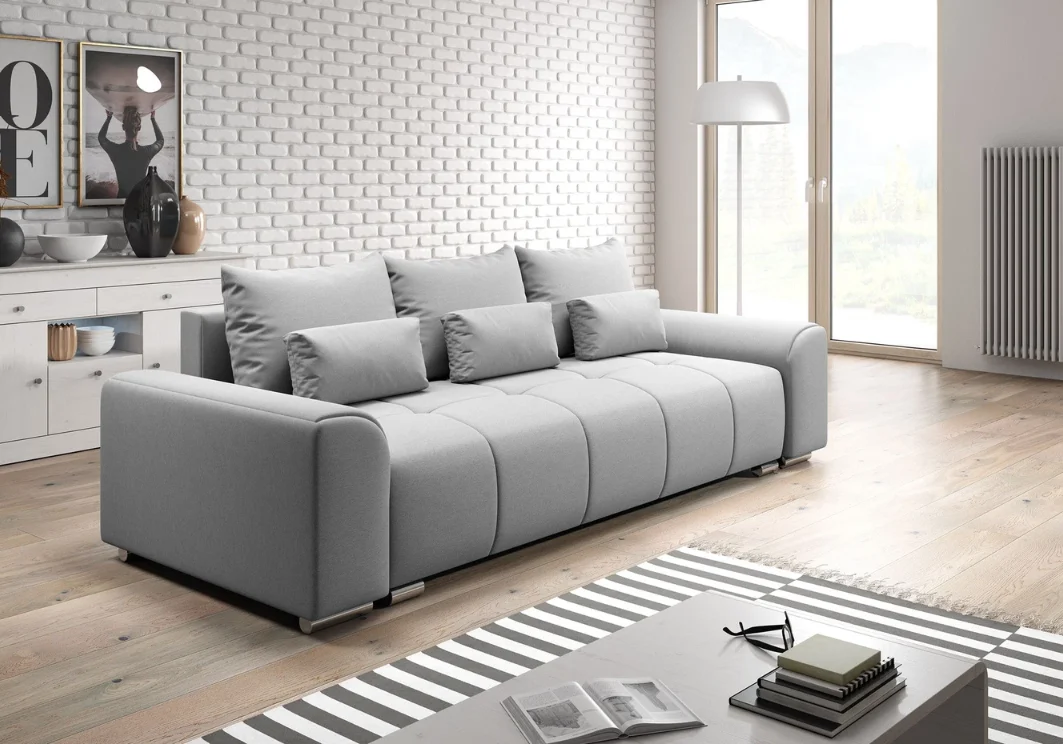 Wine red boucle fabric sofa in cozy setting