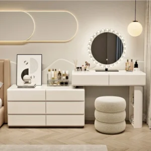 Sleek White Dressing Table Set with Stool and Mirror