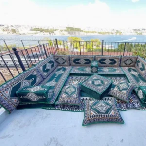 Green U-Shaped Arabic Majlis Sofa Set Floor Cushions
