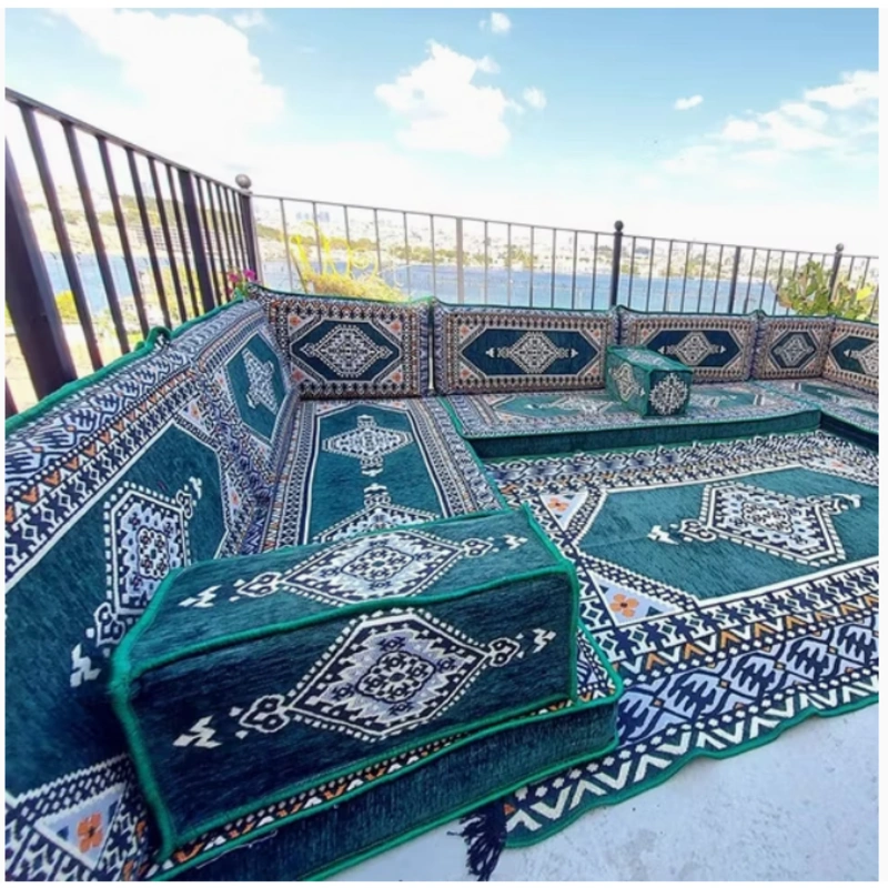 Green U-Shaped Arabic Majlis Sofa Set Floor Cushions img 1