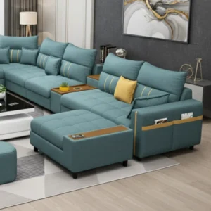 Kristel 7-Seater Leather L-Shape Corner Sofa - Cadet Blue img 1