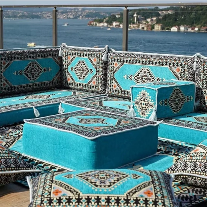 Turquoise L Shaped Sectional Arabic Majlis Floor Cushions img 1